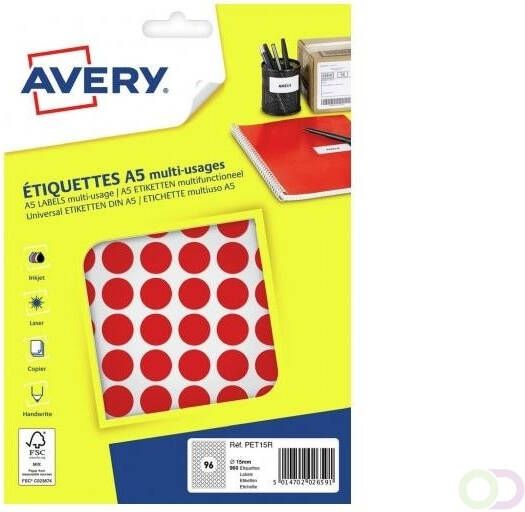 AVERY Bedrukbare markeringspunten Ã 15 mm rood Inkjetprinter Laserprinter Kopieerapparaat handbeschrijfbaar PET15R